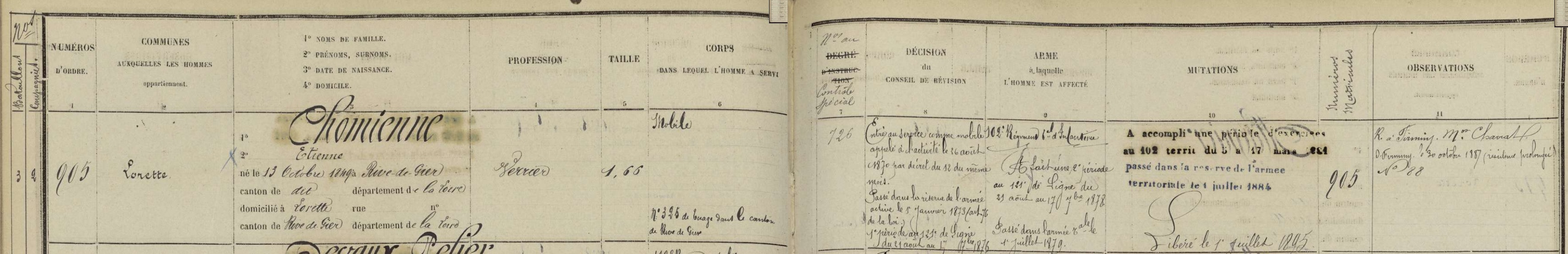 M 1869 chomienne etienne matricule AD42 armee territoriale