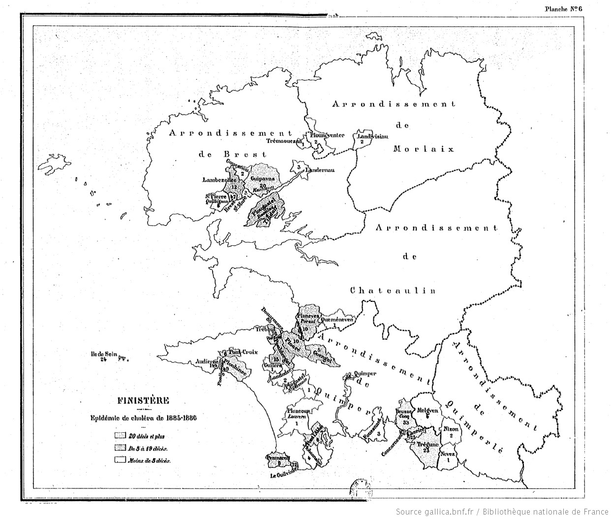 Carte du Finistère et zones touchées par le choléra en 1885 et 1886